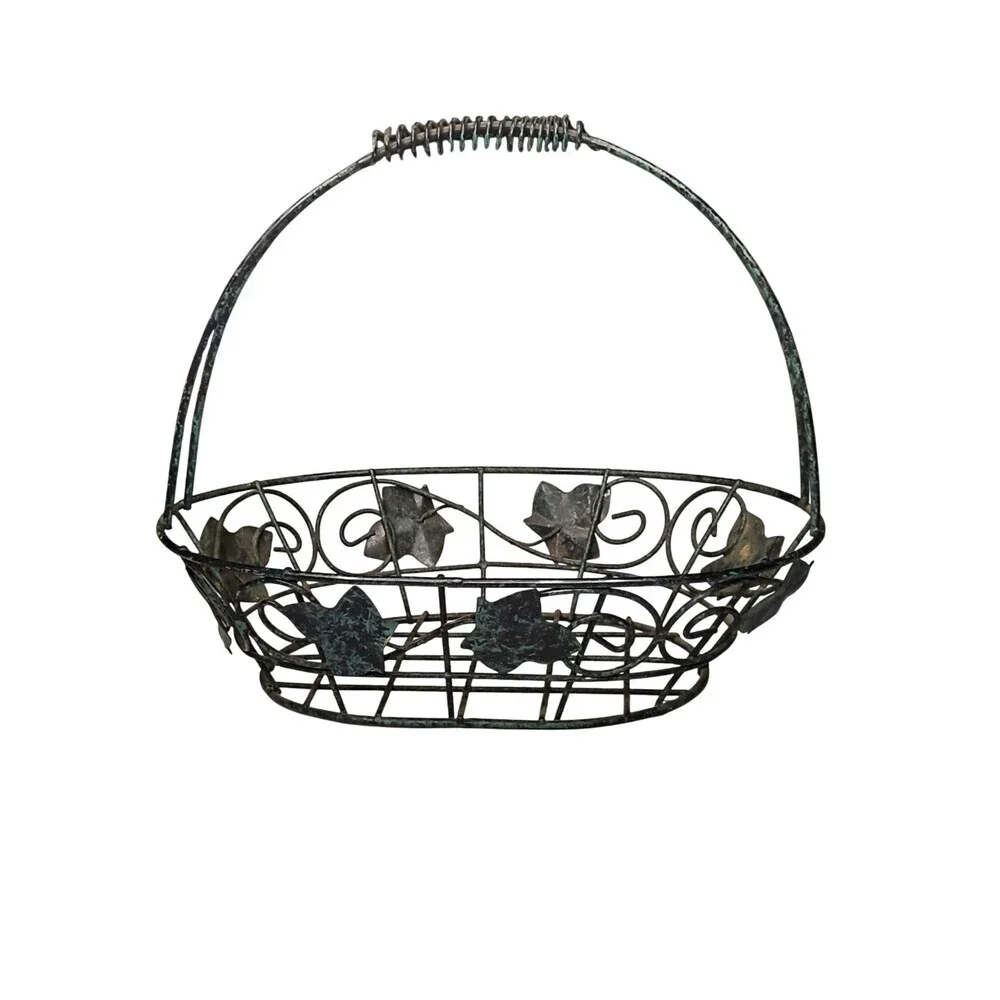 Decorative Wire Basket With Antique Green Leaf Accents Center Piece Egg Gather